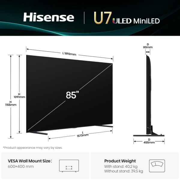 Hisense 215 cm (85 inches) U7Q Series 4K Ultra HD Smart QLED Mini LED TV 85U7Q (Black) - Image 4